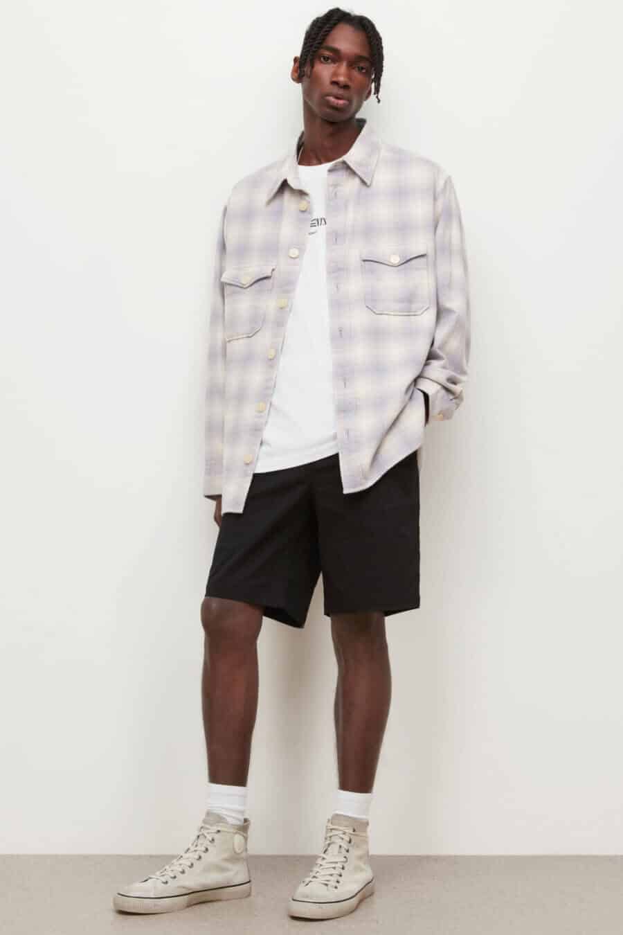 Men's grunge shorts outfit with check overshirt and canvas high top sneakers