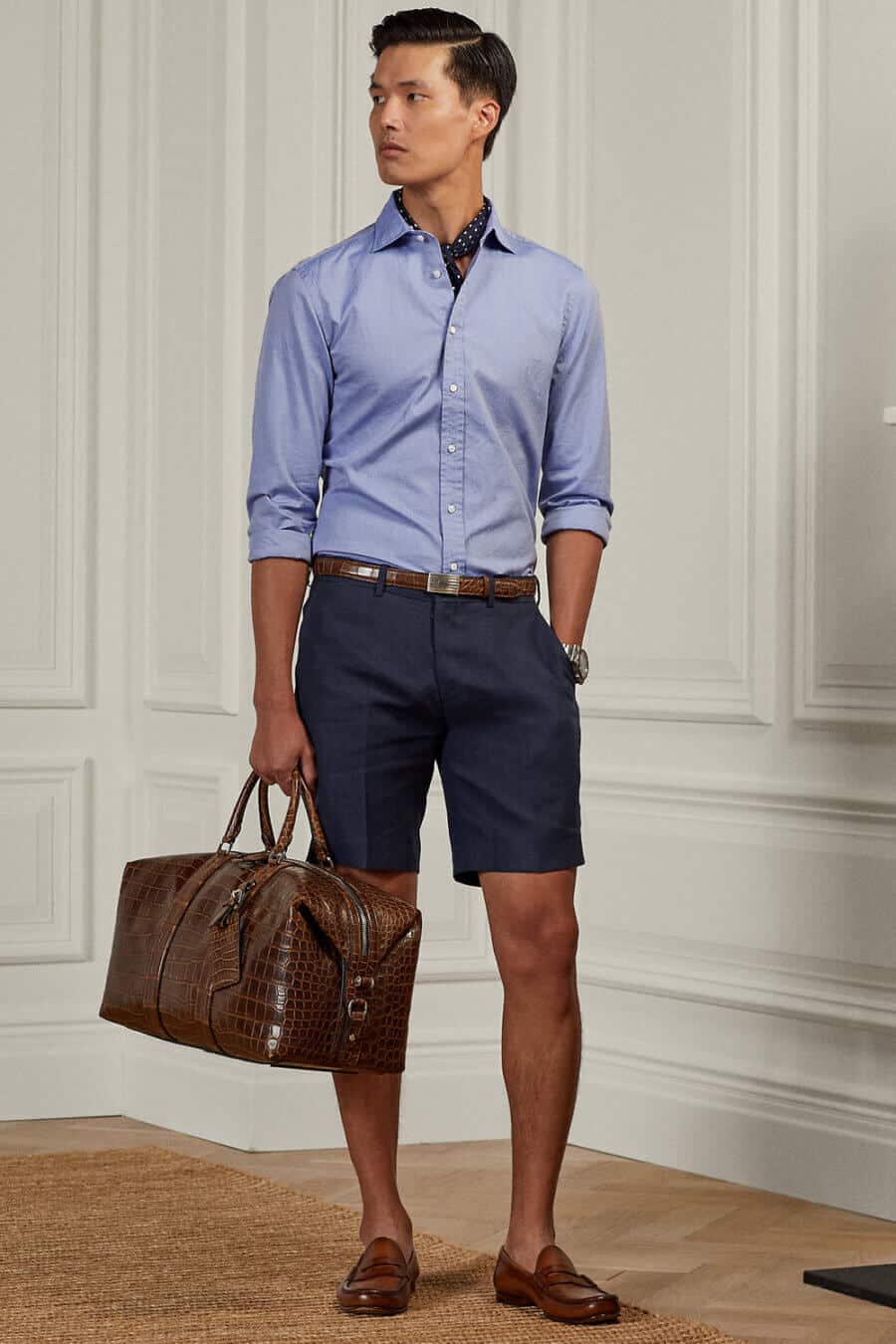 Men's smart casual shorts, shirt and loafers outfit