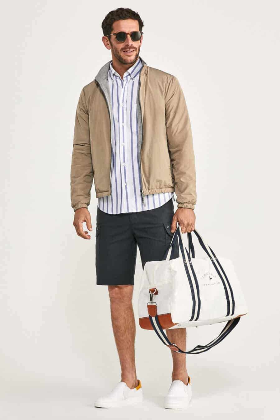 Men's slim cargo shorts, striped shirt and Harrington jacket outfit