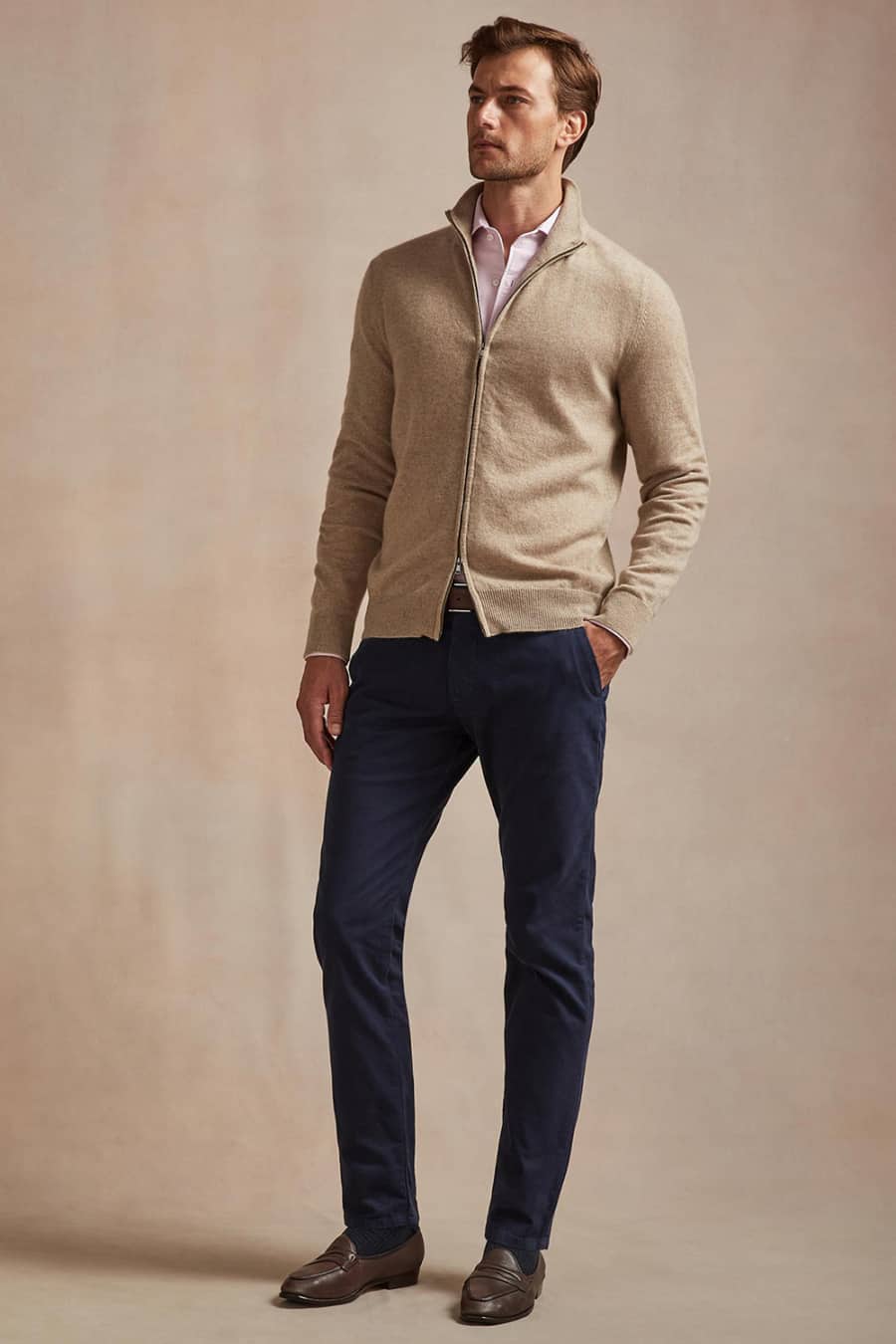 Men's navy chinos, pink shirt and zip through cardigan outfit