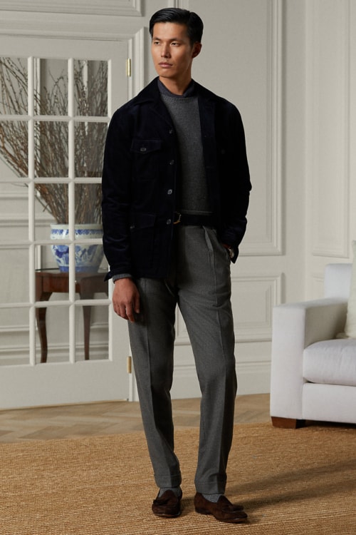 Men's corduroy jacket, wool trousers and sweater outfit