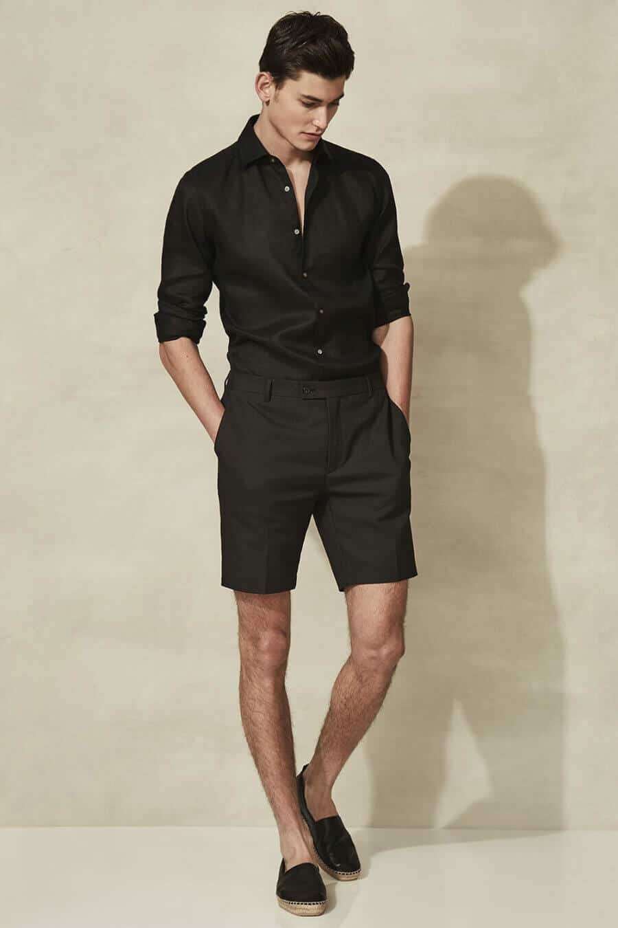 Men's summer outfit - black shirt, shorts and espadrilles