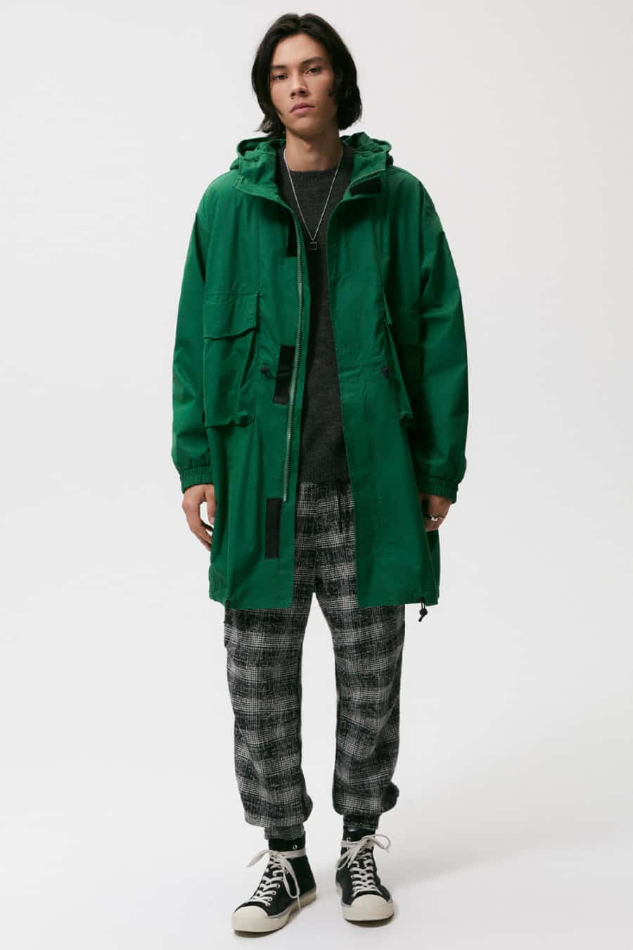 Men's checked cuffed pants, knitted sweater and green parka jacket worn with high-top sneakers outfit