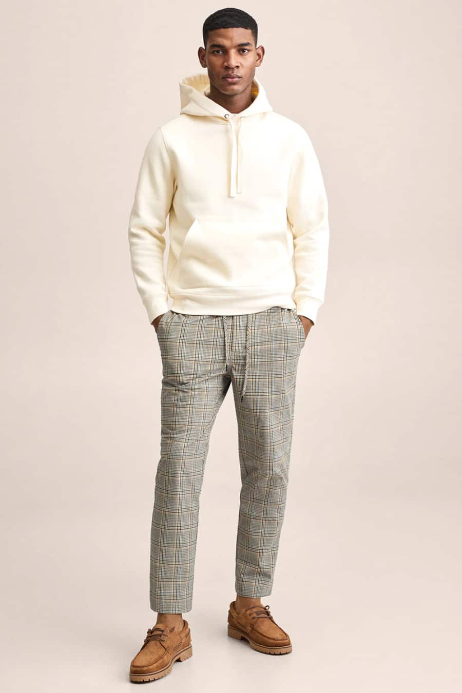 Men's small check pants, white hoodie and boat shoes preppy streetwearoutfit