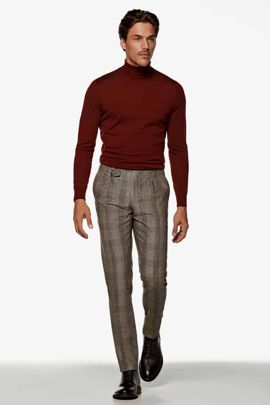 Men's smart plaid pants, burgundy turtleneck and brown leather boots outfit