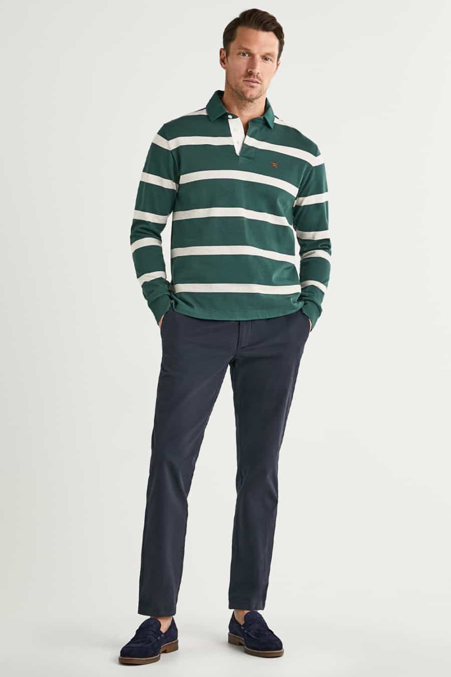 Men's preppy rugby shirt with chinos and loafers outfit