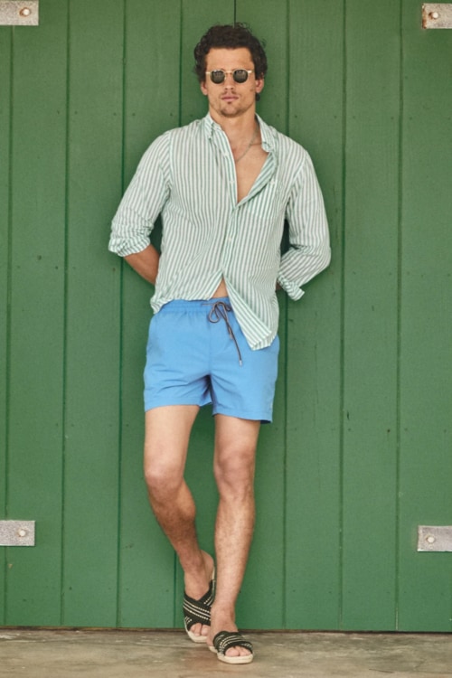 Men's striped vertical shirt, swim shorts and sandals outfit