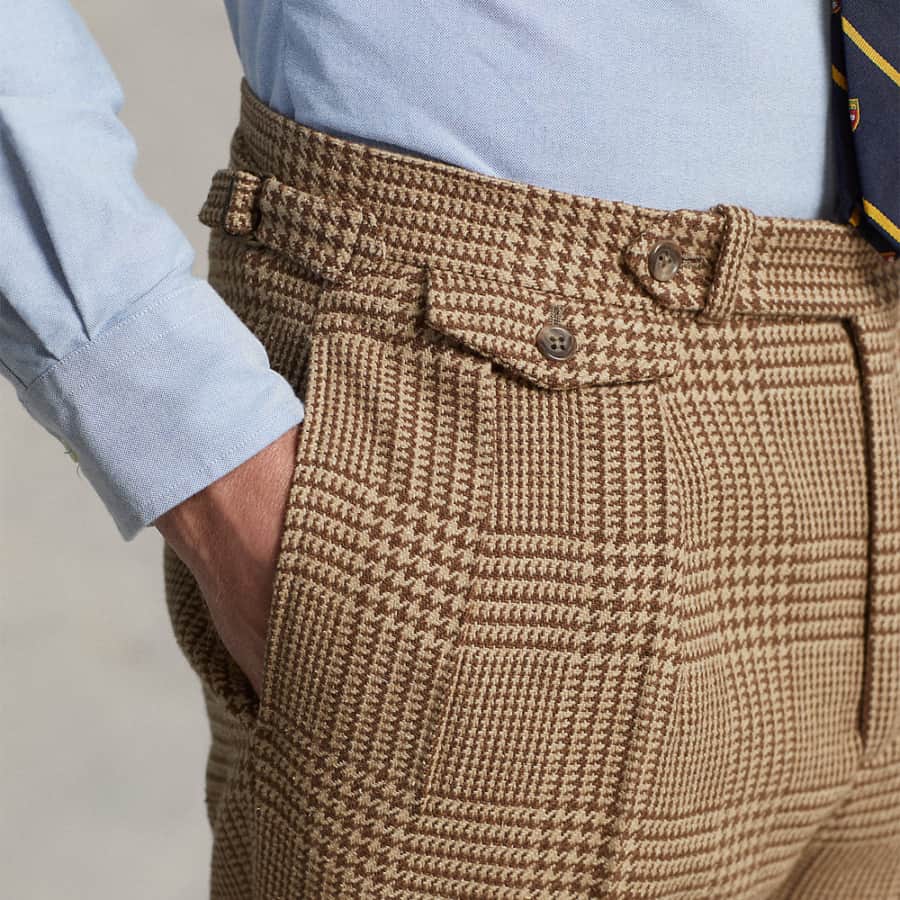 Men's close up of checked pants pocket