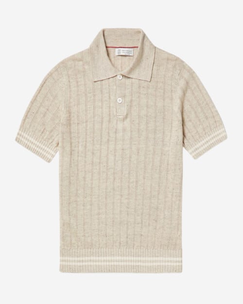 Brunello Cucinelli Ribbed Striped Linen and Cotton-Blend Polo Shirt
