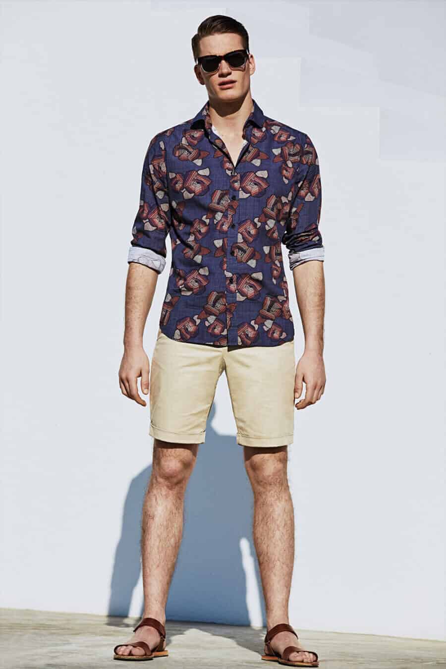 Men's chinos shorts, floral shirt and leather sandals summer outfit
