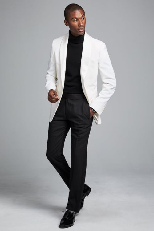 Men's white blazer, black trousers and black turtleneck outfit