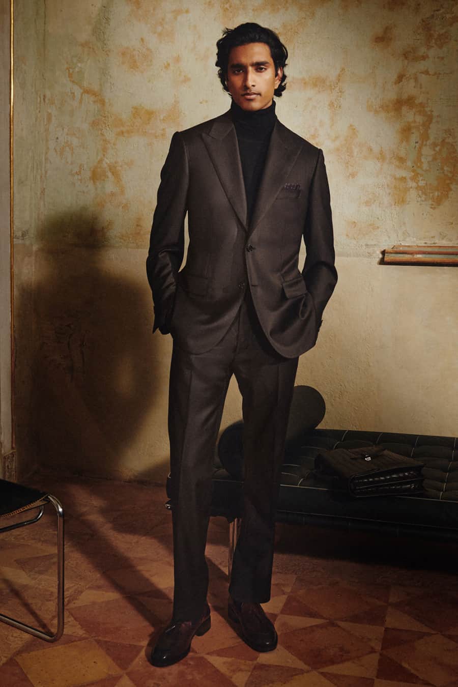 Men's cocktail attire suit worn with turtleneck outfit