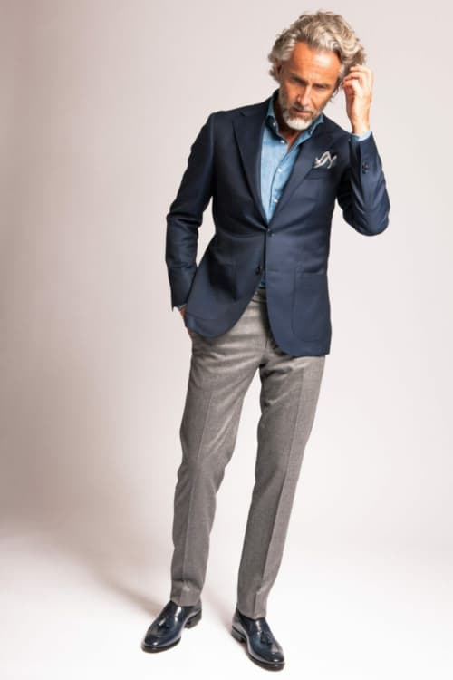 Men's navy blazer and grey trousers separates outfit