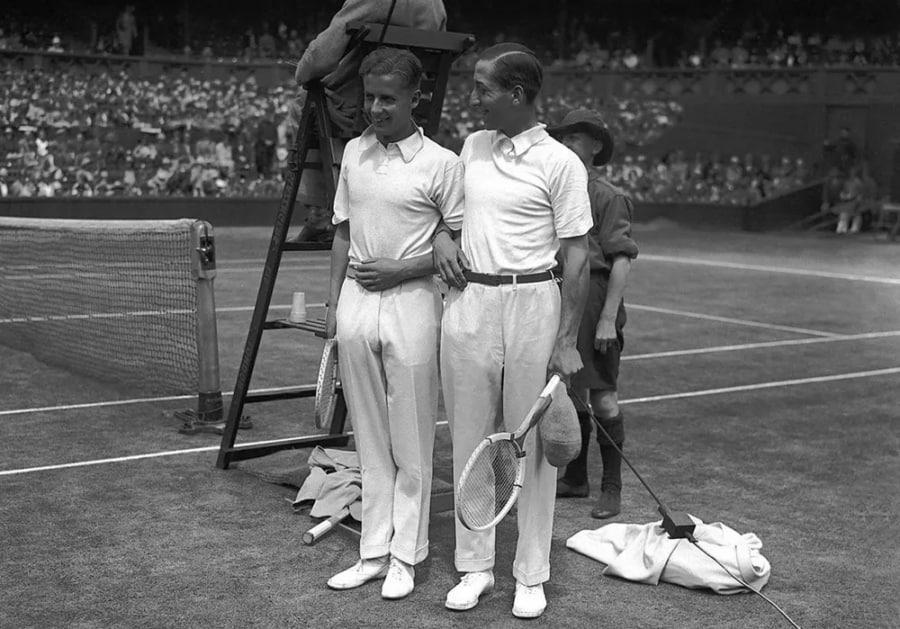Buddy Austin and Rene Lacoste wearing polo shirts before a match, 1928.
