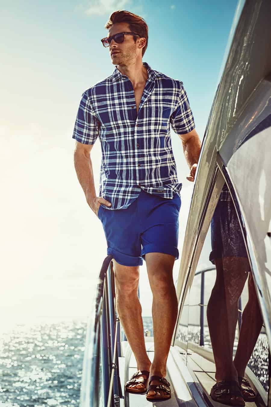 Men's check short sleeve shirt, shorts, sandals outfit