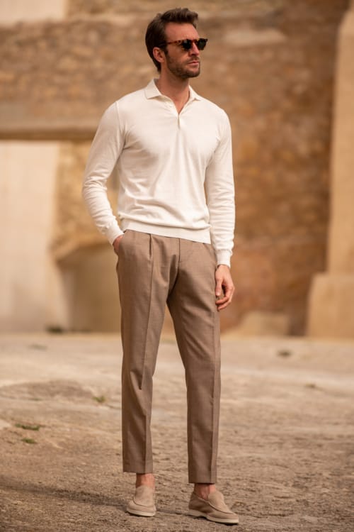 Men's trousers, loafers and knitted polo shirt outfit