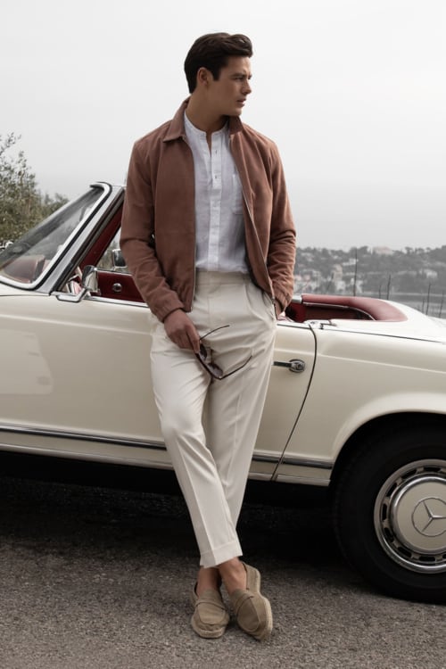 Men's cream trousers, white shirt, suede brown jacket and suede espadrille loafers outfit
