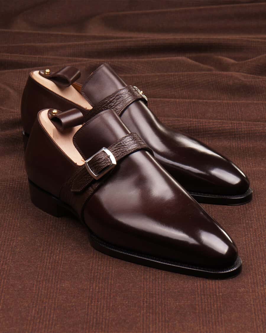 Men's luxury Stefano Bemer brown leather single monk-strap shoes