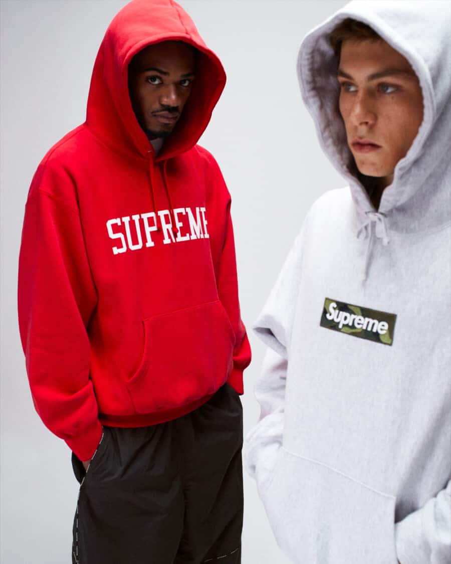 Men's red and white Supreme logo streetwear hoodies