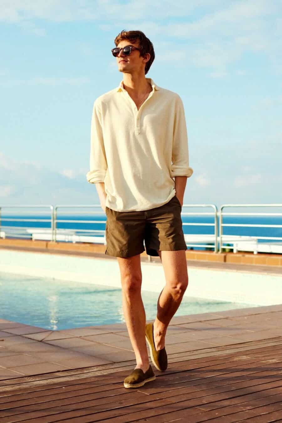 Men's swim shorts with linen shirt and espadrilles vacation outfit