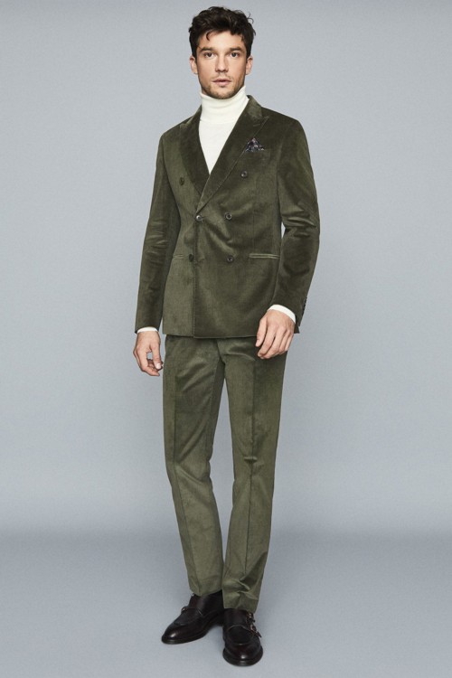 Men's double-breasted green corduroy suit