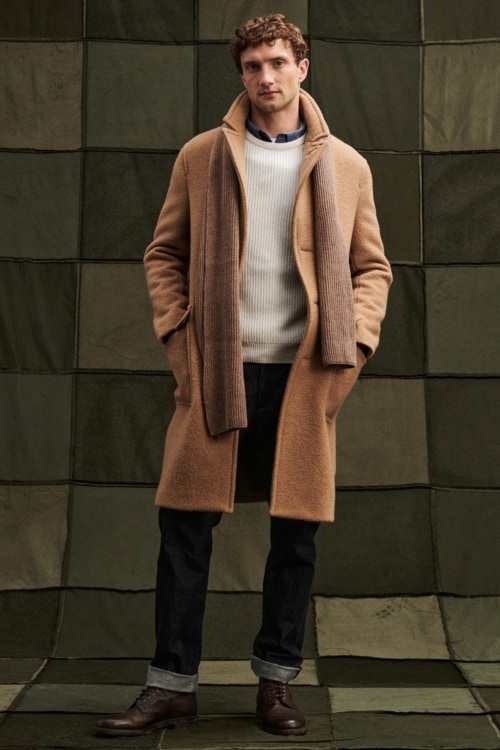 Men's country outfit with selvedge denim, brown boots, ribbed sweater and camel overcoat