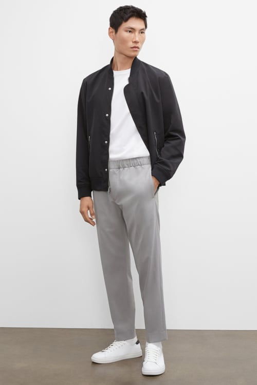 Men's elasticated waist trousers, white T-shirt and bomber jacket outfit