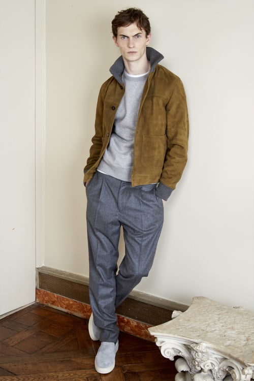 Men's wool grey trousers, grey sweatshirt, suede jacket and grey suede slip-on sneakers outfit