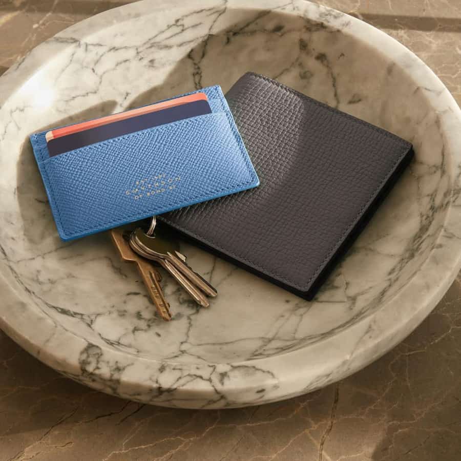 Luxury men's blue cardholder and black billfold wallet from Smythson