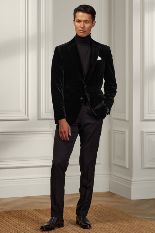 Men's velvet blazer, dress pants and turtleneck formal outfit