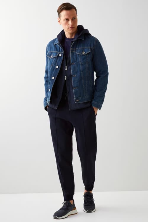 Men's navy sweatpants with hoodie and denim jacket outfit