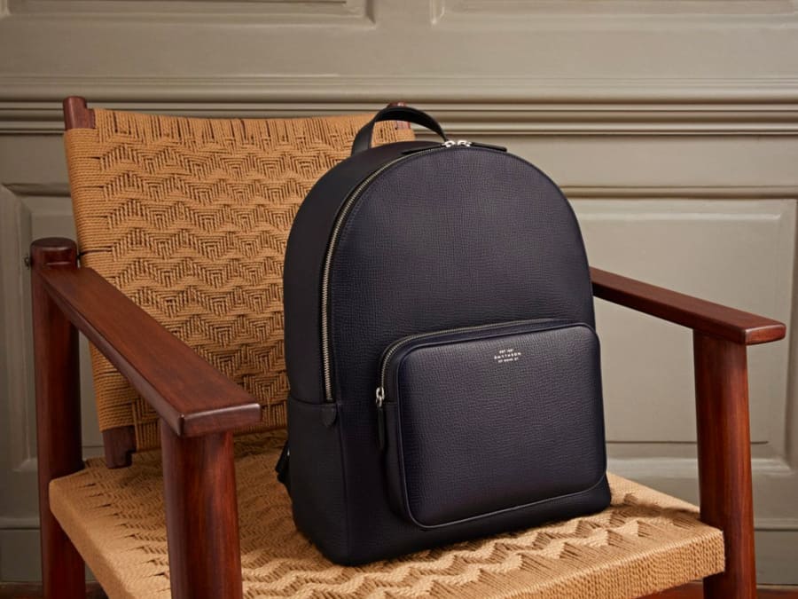 Smythson luxury black grain leather backpack