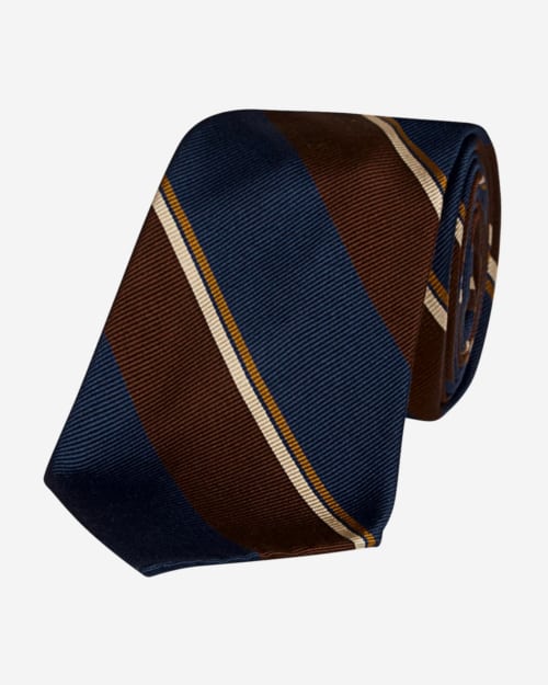 G. Inglese Navy And Brown Silk Regimental Stripe 10-Fold Silk Tie