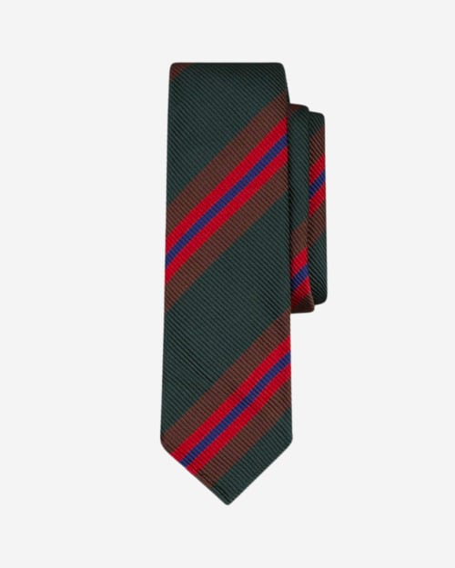 Drake’s Green, Brown and Red Sandwich Stripe Repp Silk Tie