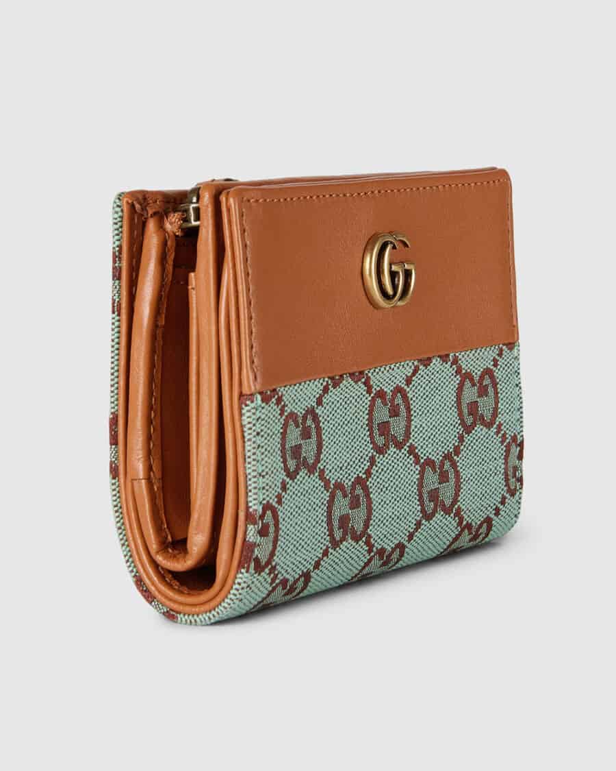 Men's Gucci monogrammed wallet in blue and tan leather with coin holder