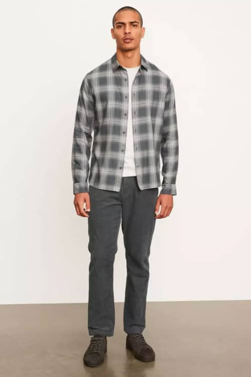 Men's straight fit jeans, white T-shirt and checked flannel shirt outfit