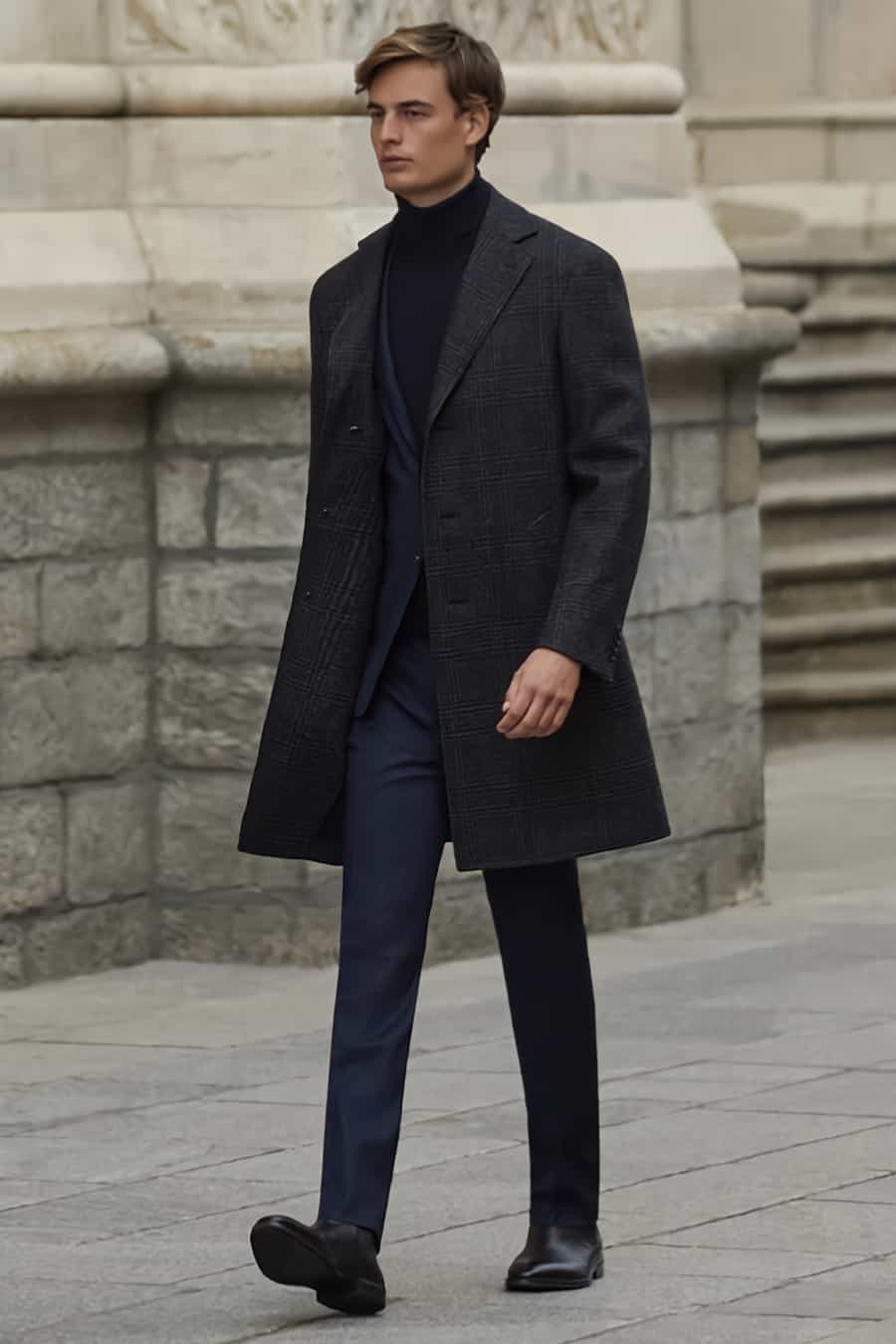 Men's navy suit, black turtleneck, black boots and checked overcoat outfit