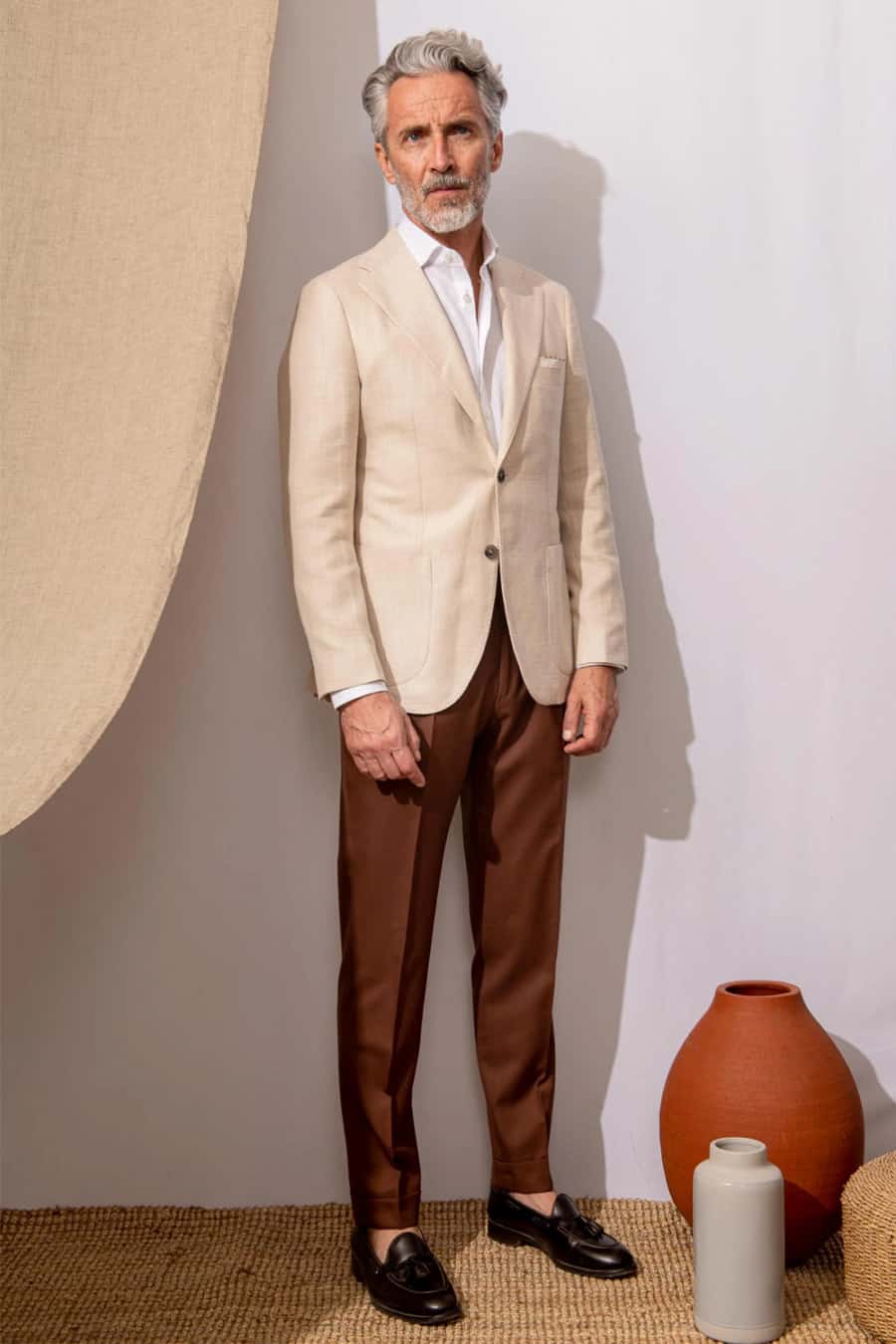 Men's tobacco trousers and ivory blazer jacket sui separates outfit