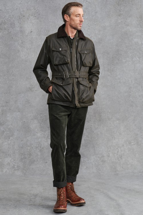 Men's corduroy trousers, waxed field jacket and tan leather boots outfit