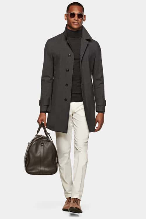 Men's white pants roll neck and car coat outfit