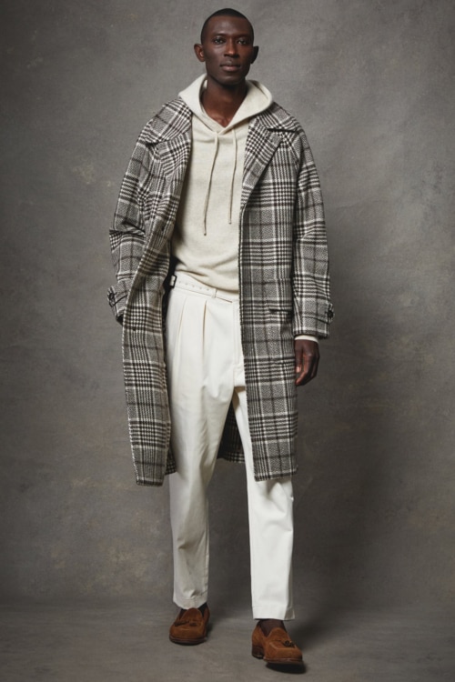 Men's white trousers, white hoodie, checked grey overcoat outfit