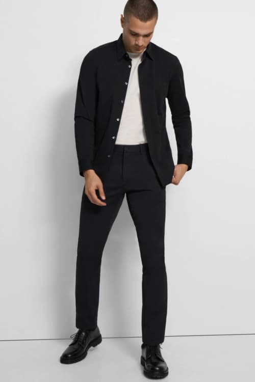Men's black jeans, white T-shirt, black overshirt and black Derby shoes nightclub outfit