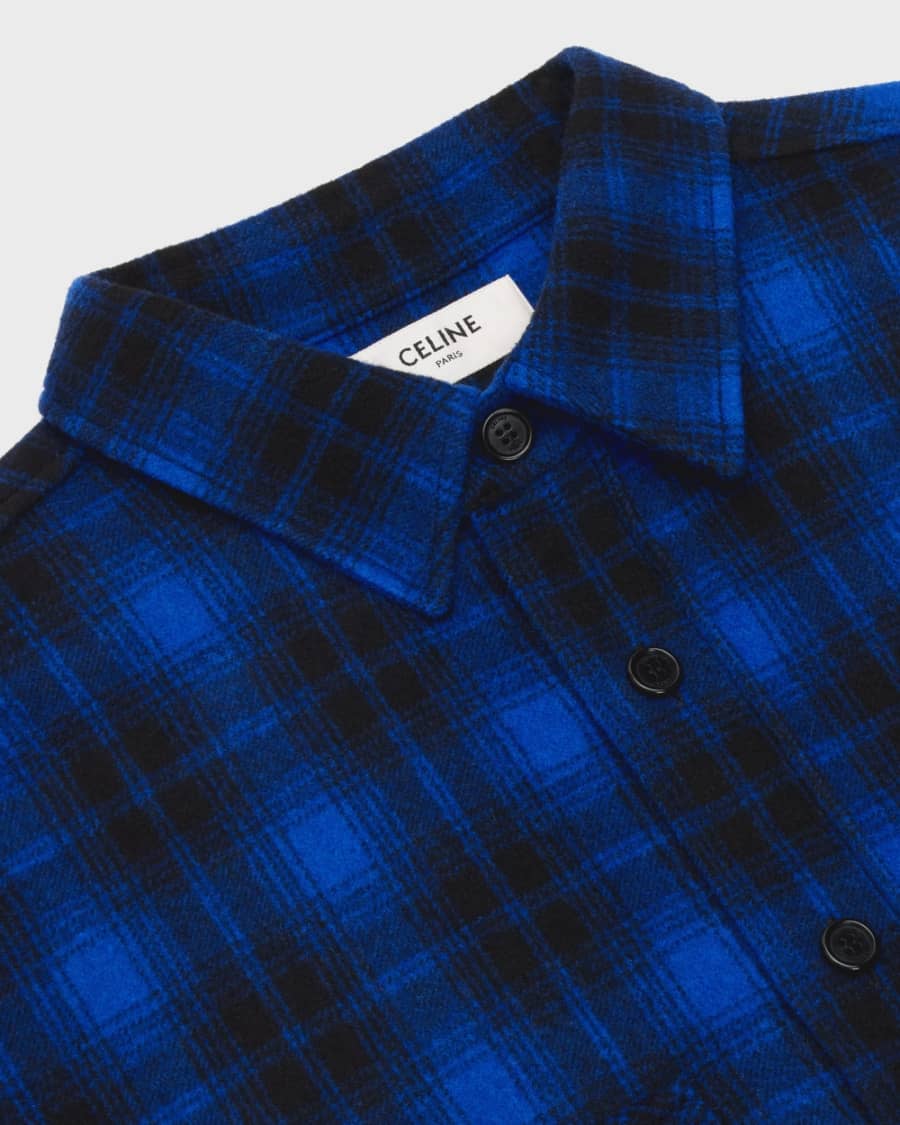 Close up of Celine Homme blue flannel check shirt