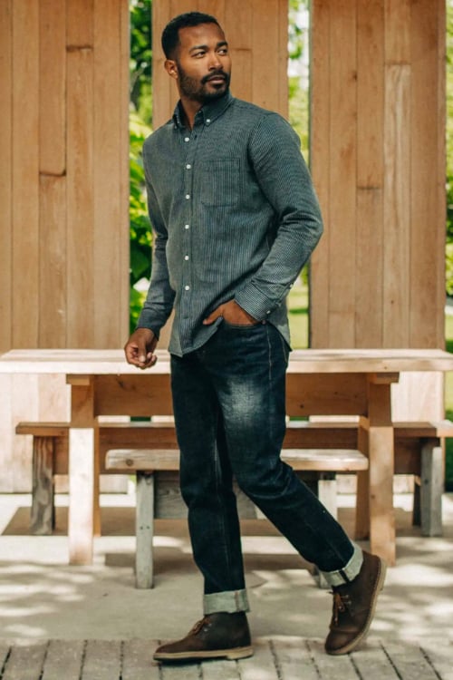 Men's jeans, stripe Oxford shirt button down and leather chukka boots outfit