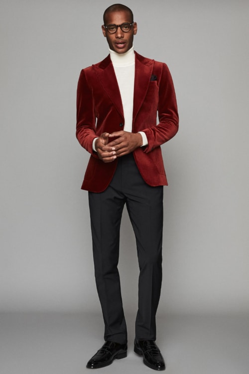 Men's black trousers, burgundy velvet blazer and white roll neck outfit
