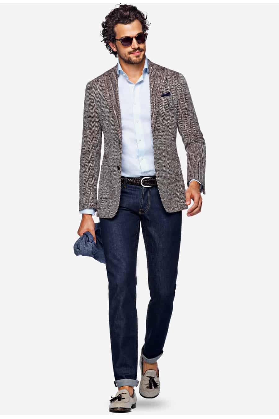 Men's herringbone blazer, raw denim jeans, blue shirt and loafers outfit