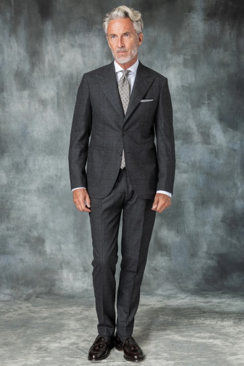 Men's chacoal check suit with white shirt and grey patterned tie outfit