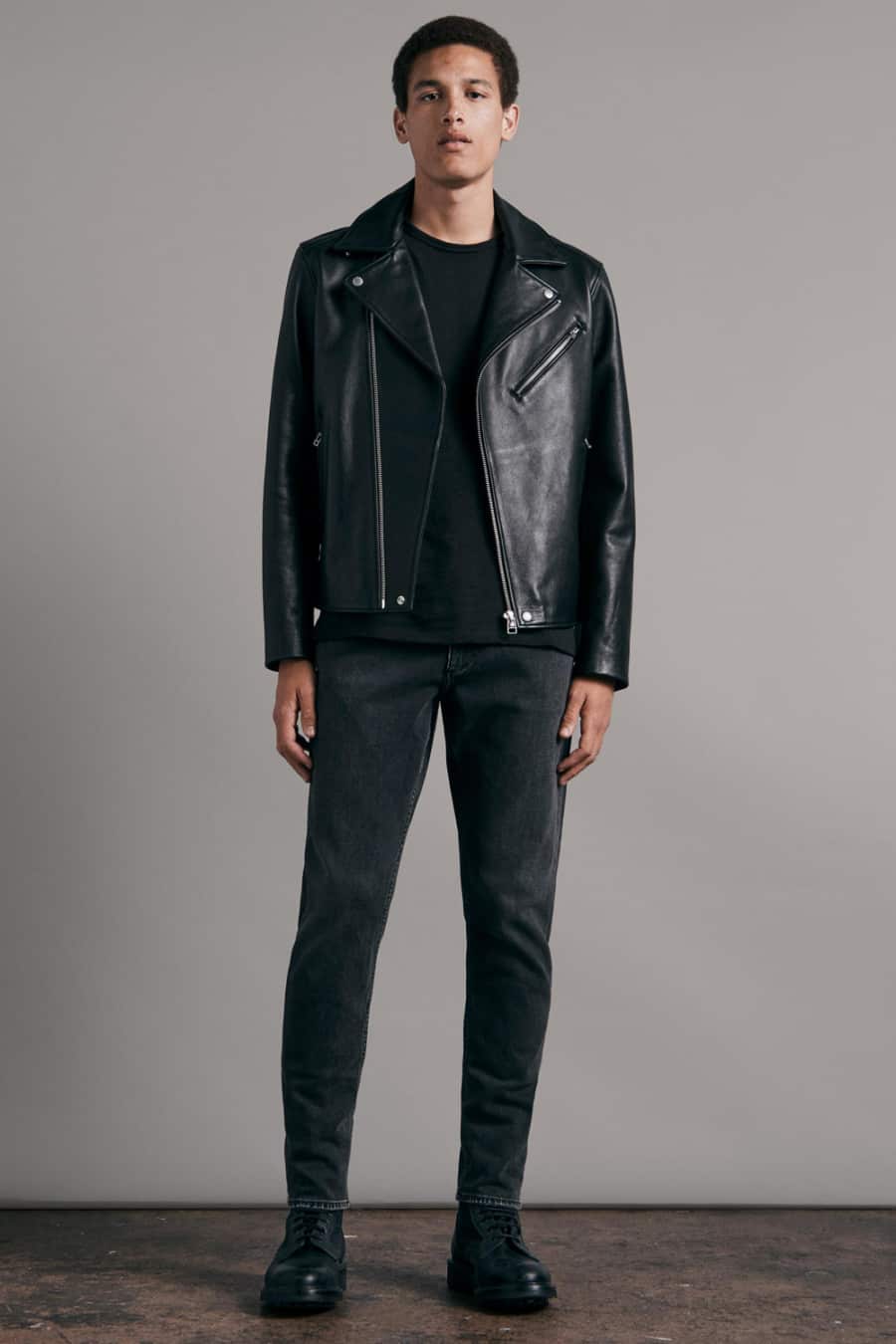 Men's black jeans, black long sleeve top, black leather biker jacket and black leather boots outfit