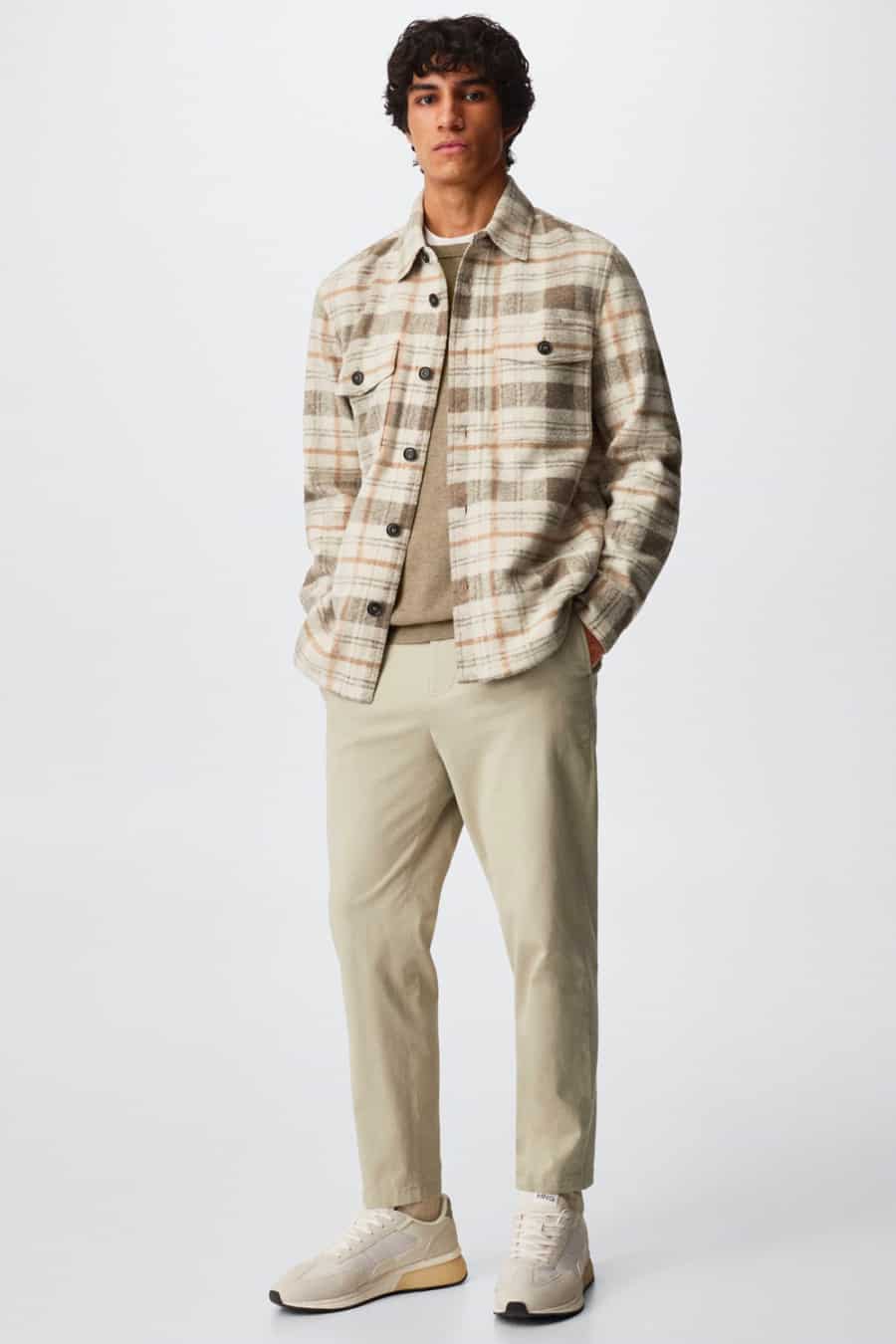 Men's beige chinos, tan sweater, beige flannel check shirt and white sneakers outfit