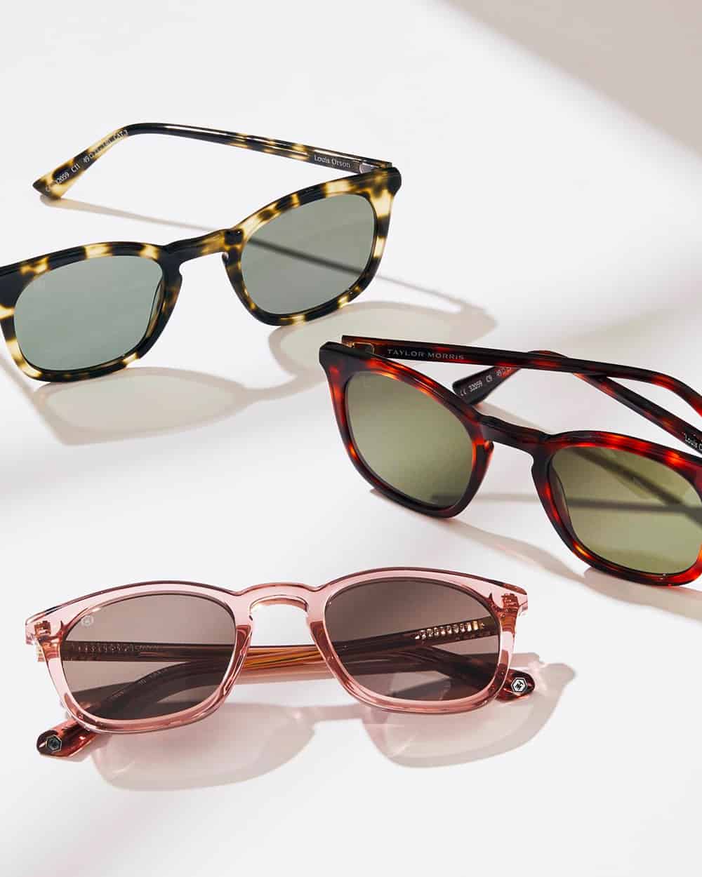 Three pairs of Morris sunglasses in tiger acetate, tortoiseshell and clear pink frames
